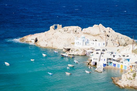 Scenic view of beautiful fishermen village Fyropotamos on Milos island, Greece