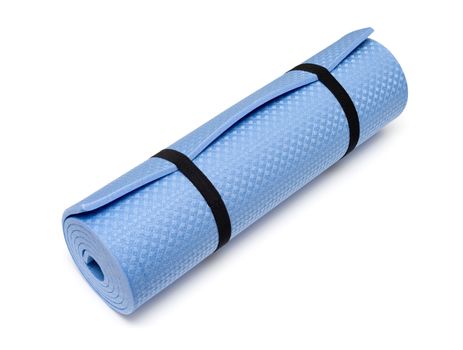 Blue yoga mat for exercise, isolated on white background.