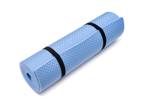 Blue yoga mat for exercise, isolated on white background.