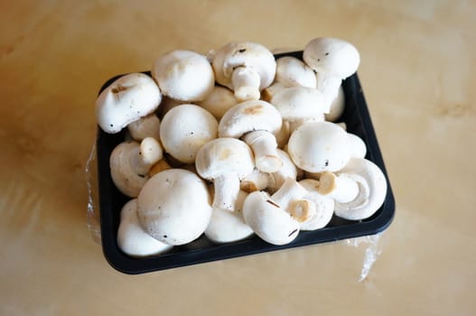 Fresh white champignons in a plastic box