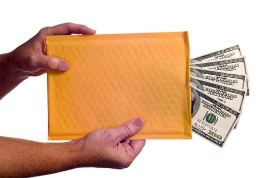 Horizontal shot of hands holding a blank front, for your copy, manila folder full of cash on a white background