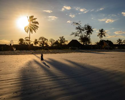 a nice view of alone kid in zanzibar island at sunset.