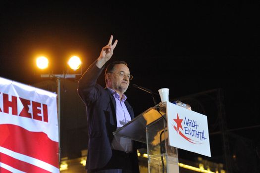 GREECE, Athens: Popular Unity party leader Panagiotis Lafazanis addresses crowds at the party's main pre-election rally in Athens on September 15, 2015. Greece's snap election takes place on September 20, with Syriza leader Alexis Tsipras and New Democracy's Evangelos Meimarakis the frontrunners.
