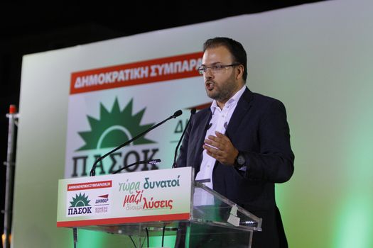 ATHENS, Greece: Thanasis Theoharopoulos, the president of Pasok junior coalition partner Democratic Left (DMIAR), speaks at a Pasok election rally in Athens on September 15, 2015. Ruling coalition Syriza called a snap election for September 20 after political turmoil following the negotiation of a further bailout packages from Greece's creditors. 