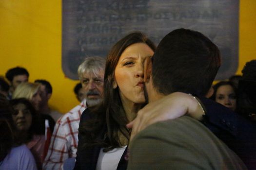 GREECE, Athens: The Speaker of the Hellenic Parliament, Zoe Konstantopoulou, embraced a supporter at the final election rally of Popular Unity, the left-wing split-off from the governing Syriza, on September 15, 2015. Syriza called a snap election for September 20 after political turmoil following the negotiation of a further bailout packages from Greece's creditors.