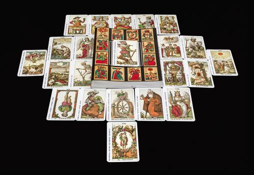 Tarot cards with all of its 22 major arcana,this version is desaturate with empty space.