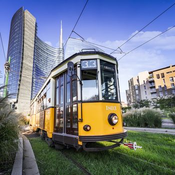 Vintage tram on the Milano street, near Puorta Nuova, Italy