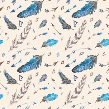 Creative hand-painted seamless texture with stylish arrows and geometric shapes on beige background