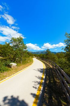 Bicycle path in the Sarca Valley (Valle del Sarca) through the forest. Trentino Alto Adige, Italy, Europe