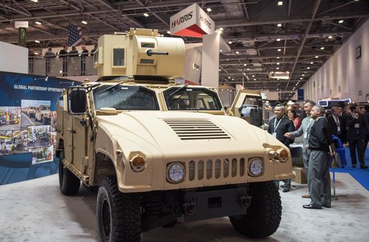 UNITED KINGDOM, London: Humvee with turret	The Defence and Security International Exhibition (DSEI) began in London on September 15, 2015 despite a week of direct action protests by peace campaigners.  	The arms fair has seen over 30,000 people descend on London to see the 1,500 exhibitors who are displaying weapons of war from pistols and rifles up to tanks, assault helicopters and warships.  	Protesters attempted to block the main road into the exhibition, claiming that such an event strengthened the UK's ties to human rights abuses. 