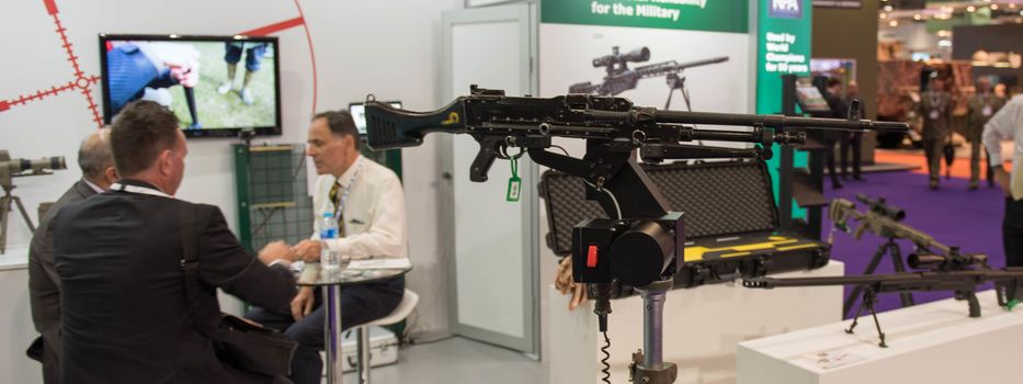 UNITED KINGDOM, London: Large Gun	The Defence and Security International Exhibition (DSEI) began in London on September 15, 2015 despite a week of direct action protests by peace campaigners.  	The arms fair has seen over 30,000 people descend on London to see the 1,500 exhibitors who are displaying weapons of war from pistols and rifles up to tanks, assault helicopters and warships.  	Protesters attempted to block the main road into the exhibition, claiming that such an event strengthened the UK's ties to human rights abuses. 