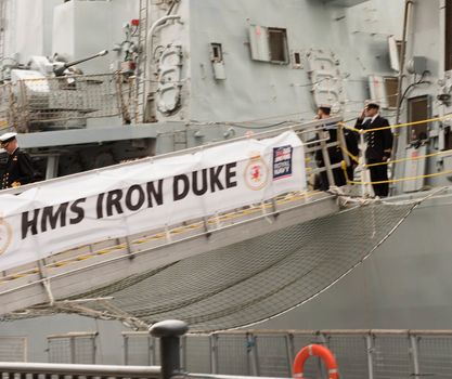 UNITED KINGDOM, London: Warship	The Defence and Security International Exhibition (DSEI) began in London on September 15, 2015 despite a week of direct action protests by peace campaigners.  	The arms fair has seen over 30,000 people descend on London to see the 1,500 exhibitors who are displaying weapons of war from pistols and rifles up to tanks, assault helicopters and warships.  	Protesters attempted to block the main road into the exhibition, claiming that such an event strengthened the UK's ties to human rights abuses. 