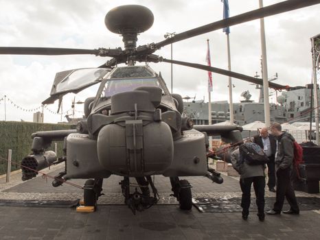 UNITED KINGDOM, London: Apache	The Defence and Security International Exhibition (DSEI) began in London on September 15, 2015 despite a week of direct action protests by peace campaigners.  	The arms fair has seen over 30,000 people descend on London to see the 1,500 exhibitors who are displaying weapons of war from pistols and rifles up to tanks, assault helicopters and warships.  	Protesters attempted to block the main road into the exhibition, claiming that such an event strengthened the UK's ties to human rights abuses. 