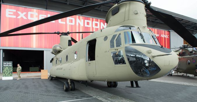 UNITED KINGDOM, London: Chinook	The Defence and Security International Exhibition (DSEI) began in London on September 15, 2015 despite a week of direct action protests by peace campaigners.  	The arms fair has seen over 30,000 people descend on London to see the 1,500 exhibitors who are displaying weapons of war from pistols and rifles up to tanks, assault helicopters and warships.  	Protesters attempted to block the main road into the exhibition, claiming that such an event strengthened the UK's ties to human rights abuses. 