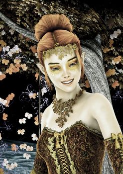 3D digital render of a beautiful princess of autumn ona fantasy garden background