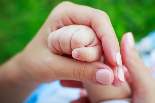 mother's hand holding baby's hand outdoor