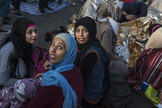 SERBIA, Horgos: Refugees wait at the Serbia-Hungary border, blocking traffic, after Hungary closed the border crossing on September 16, 2015.****Restriction: Photo is not to be sold in Russia or Asia****