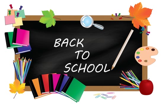 Back to school. Black desk with school supplies and autumn leaves.