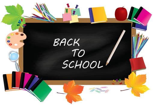 Back to school. Black desk with school supplies and autumn leaves.