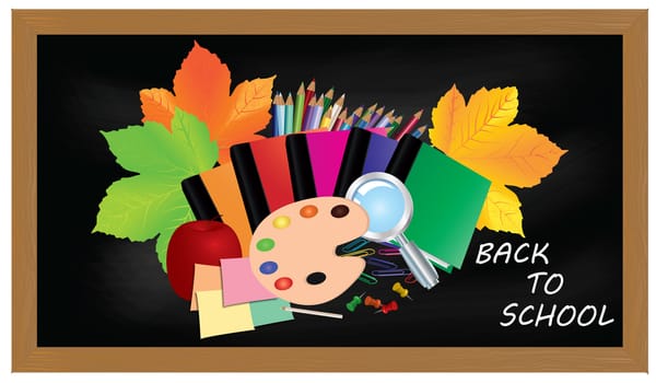 Back to school. Black desk with school supplies and autumn leaves.