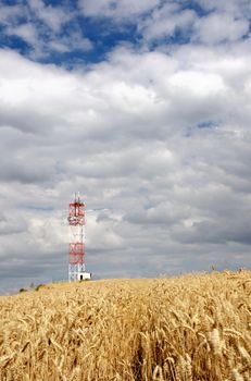 Iron satellite tower in the middle of corp field.