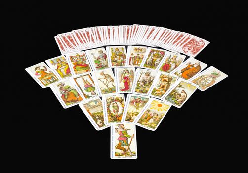 Milan, Italy- 15 December,2014:        The game of the Tarot , the picture shows the 22 major arcana .