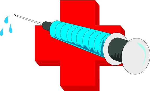 Syringe with fluid is placed in front of a red cross as an example of a strong aid against diseases.