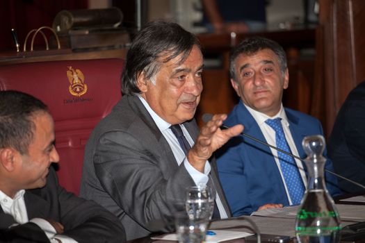 ITALY, Palermo: Palermo Mayor Leoluca Orlando addresses a ceremony granting honorary citizenship to international organization Doctors Without Borders on September 16, 2015. Among those attending the ceremony were Ahmad Al Rousan, cultural mediator with Doctors Without Borders, and Leoluca Orlando, Italian politician and Palermo Mayor.