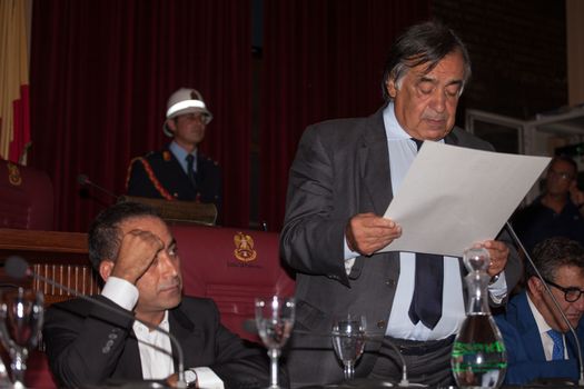 ITALY, Palermo: Palermo Mayor Leoluca Orlando addresses a ceremony granting honorary citizenship to international organization Doctors Without Borders on September 16, 2015. Among those attending the ceremony were Ahmad Al Rousan, cultural mediator with Doctors Without Borders, and Leoluca Orlando, Italian politician and Palermo Mayor.