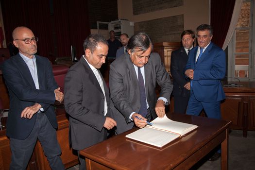 ITALY, Palermo: Doctors Without Borders cultural mediator Ahmad Al Rousan receives an honorary citizenship from Palermo Mayor Leoluca Orlando on September 16, 2015. 