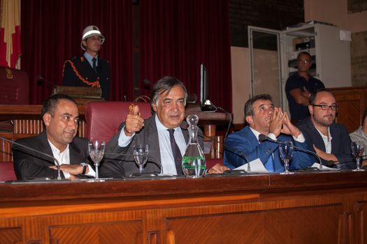 ITALY, Palermo: Palermo Mayor Leoluca Orlando addresses a ceremony granting honorary citizenship to international organization Doctors Without Borders on September 16, 2015. Among those attending the ceremony were Ahmad Al Rousan, cultural mediator with Doctors Without Borders, and Leoluca Orlando, Italian politician and Palermo Mayor.