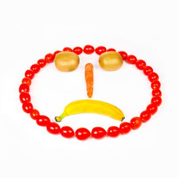 This sad smiley is made wirh carrot,kiwi,cherry tomatoes and banana