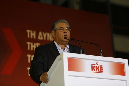 GREECE, Athens: General Secretary Dimitris Koutsoumpas of the Communist Party of Greece (KKE) speaks at a campaign rally at Syntagma Square in Athens on September 16, 2015, ahead of the forthcoming snap elections on September 20.