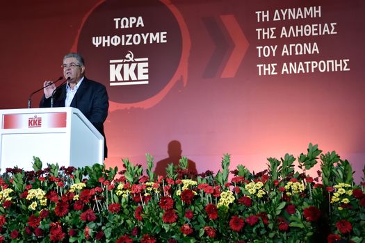 GREECE, Athens: General Secretary Dimitris Koutsoumpas of the Communist Party of Greece (KKE) speaks at a campaign rally in Athens on September 16, 2015, ahead of the forthcoming snap elections on September 20.