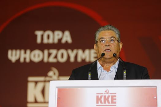 GREECE, Athens: General Secretary Dimitris Koutsoumpas of the Communist Party of Greece (KKE) speaks at a campaign rally at Syntagma Square in Athens on September 16, 2015, ahead of the forthcoming snap elections on September 20.