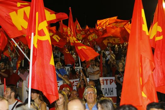 GREECE, Athens: The Communist Party of Greece (KKE) holds a massive campaign rally at Syntagma Square in Athens on September 16, 2015, ahead of the forthcoming snap elections on September 20. Thousands reportedly attended the rally, where KKE General Secretary Dimitris Koutsoumpas addressed supporters.