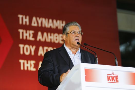 GREECE, Athens: General Secretary Dimitris Koutsoumpas of the Communist Party of Greece (KKE) speaks at a campaign rally at Syntagma Square in Athens on September 16, 2015, ahead of the forthcoming snap elections on September 20.
