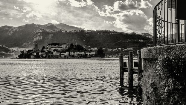 a nice view of San Giulio island Black and white.