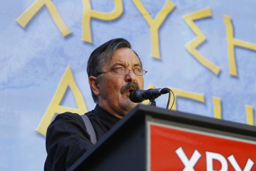 GREECE, Athens: Spokesperson Golden Dawn MP Christos Pappas addresses the crowd as Greece's far-right party holds an election rally in Athens on September 16, 2015, four days ahead of the country's snap national election.