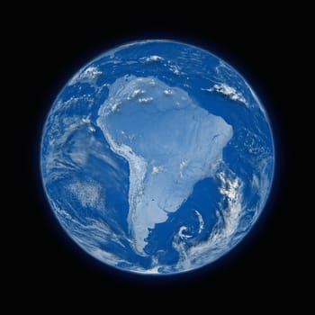 South America on blue planet Earth isolated on black background. Highly detailed planet surface. Elements of this image furnished by NASA.