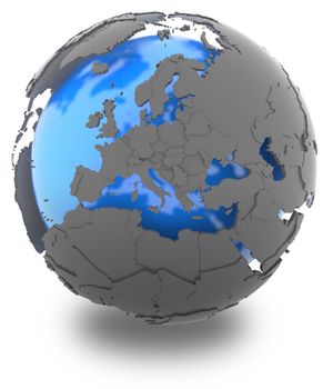 Europe standing out of blue Earth in grey, isolated on white background