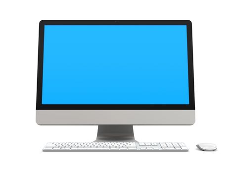 Modern desktop computer with blue screen isolated on white background