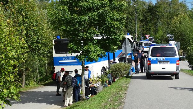 GERMANY, Freilassing: German policemen car at the gates of Freilassing, Bavaria, on the German side of the Germany-Austria border, September 17, 2015.