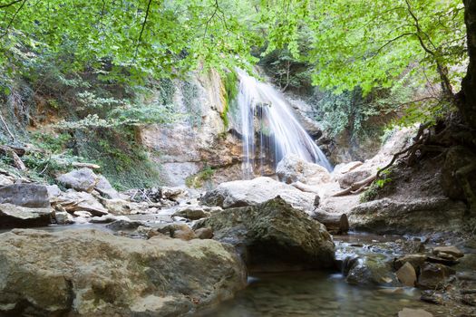 beautiful big falls Dzhur-Dzhur in the summer afternoon, Crimea, Russia