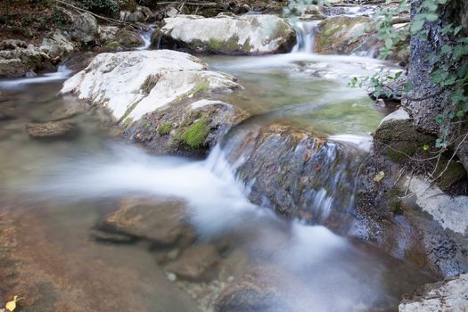 beautiful forest falls in mountains in the summer afternoon, the Crimea, Russia
