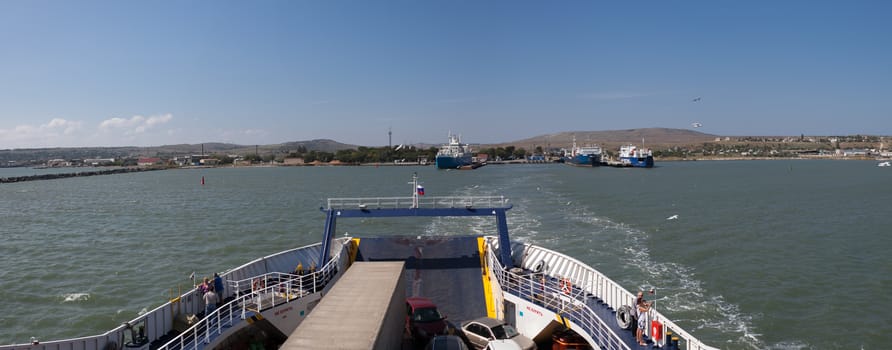 KERCH,RUSSIA-September 11: The ferry departs from the port Kerch,RUSSIA-SEPTEMBER 11 2015. Between ports Crimea and Caucasus regular ferry service is carried out