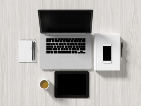 High angle view of a setting table of business workplace, shot in office, home work space