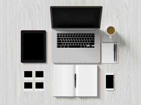 High angle view of a setting table of business workplace, shot in office, home work space