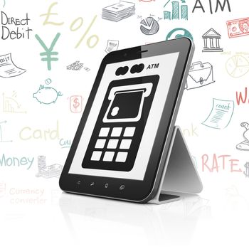 Money concept: Tablet Computer with  black ATM Machine icon on display,  Hand Drawn Finance Icons background