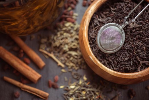 tea composition with cinnamon sticks, lemons